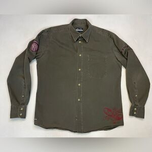 Eden Park Embroidered Flower Button Up Shirt Men Large Olive Green Long Sleeve